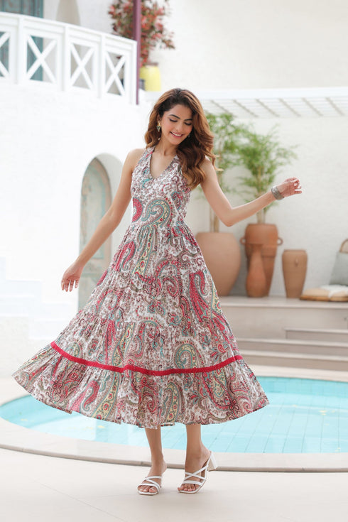 Printed Pure Cotton Fit & Flare White Ethnic Dresses